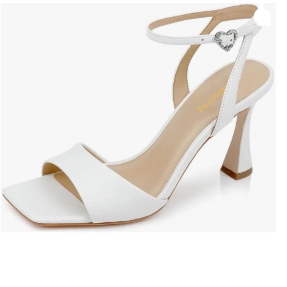 Wansseny White Trendy High Heel Ankle Strap Sandals Open Square Toe Summer Shoes